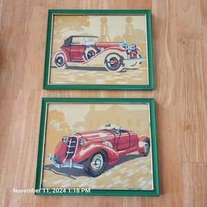 VTG Art Antique Cars Hand Painted Not Signed In Green Frames 2 in Listing